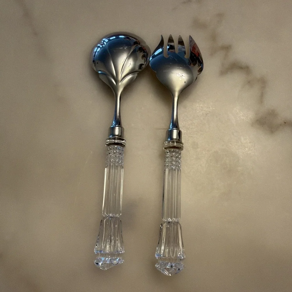 Reed & Barton Stainless & Glass/Crystal Handle 2 Piece Salad Serving Utensils